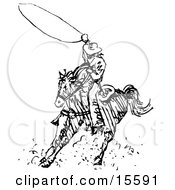 Black And White Outline Of A Cowboy Swirling A Lasso While Riding On Horseback Clipart Illustration