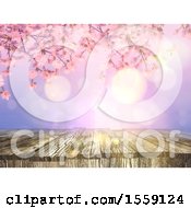 Poster, Art Print Of 3d Render Of A Vintage Image Of An Old Wooden Table With A Cherry Blossom Background