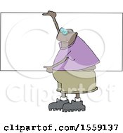 Clipart Of A Cartoon Chubby Black Man Wearing Safety Goggles And Holding Up A Blank Sign Royalty Free Vector Illustration