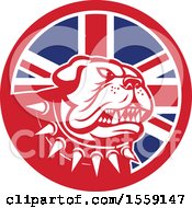 Clipart Of A Retro Guard Bulldog With A Spiked Collar In A UK Flag Circle Royalty Free Vector Illustration