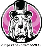 Poster, Art Print Of Retro Woodcut Basset Hound Dog Mascot Wearing A Monacle And Top Hat In A Circle