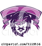 Poster, Art Print Of Retro Male Pirate Face With An Eye Patch And A Purple Banner