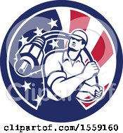 Clipart Of A Retro Male Cable Guy With A Coaxial Cable In An American Flag Circle Royalty Free Vector Illustration