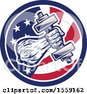 Clipart Of A Retro Male Bodybuilders Arm With A Dumbbell In An American Flag Circle Royalty Free Vector Illustration