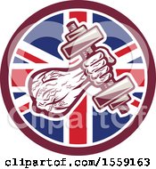 Clipart Of A Retro Male Bodybuilders Arm With A Dumbbell In A British Flag Circle Royalty Free Vector Illustration