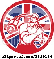 Clipart Of A Retro Male Cable Guy With A Coaxial Cable In A British Flag Circle Royalty Free Vector Illustration