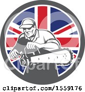 Poster, Art Print Of Retro Male Arborist Starting Up A Chainsaw In A British Flag Circle