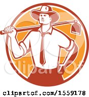 Retro Urban Farmer Wearing A Neck Tie And Holding A Hoe Over His Shoulder