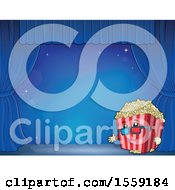 Clipart Of A Popcorn Bucket Mascot On A Stage Over Blue Royalty Free Vector Illustration by visekart