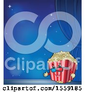 Clipart Of A Popcorn Bucket Mascot On A Stage Over Blue Royalty Free Vector Illustration by visekart