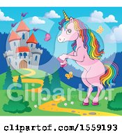 Clipart Of A Unicorn And Castle Royalty Free Vector Illustration