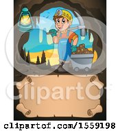 Clipart Of A Miner Holding Ore In A Cave Over Parchment Royalty Free Vector Illustration by visekart