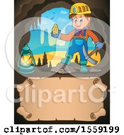 Poster, Art Print Of Miner Holding Ore In A Cave Over Parchment