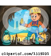Clipart Of A Miner Holding Ore In A Cave Royalty Free Vector Illustration by visekart