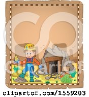 Poster, Art Print Of Parchment Page With A Miner Holding Ore By A Cave