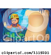 Clipart Of A Miner Holding Ore In A Cave Over Parchment Royalty Free Vector Illustration