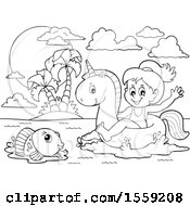 Poster, Art Print Of Lineart Girl On A Unicorn Swim Float