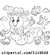 Clipart Of A Lineart Caterpillar Holding Up A Finger Royalty Free Vector Illustration