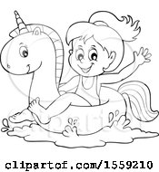 Clipart Of A Lineart Girl On A Unicorn Swim Float Royalty Free Vector Illustration