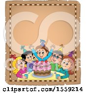 Poster, Art Print Of Group Of Children Celebrating At A Birthday Party On A Parchment Page