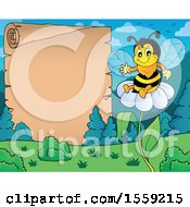Clipart Of A Bee On A Flower By A Scroll Royalty Free Vector Illustration