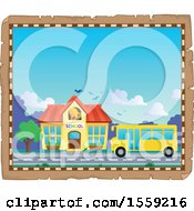 Clipart Of A Parchment Page With A School And Bus Royalty Free Vector Illustration