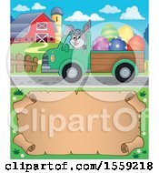 Clipart Of A Bunny Driving A Pickup Truck Full Of Easter Eggs Over A Scroll Royalty Free Vector Illustration