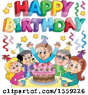 Poster, Art Print Of Happy Birthday Greeting Over A Group Of Children Celebrating At A Party