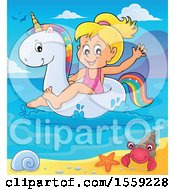 Poster, Art Print Of Girl On A Unicorn Swim Float Near A Beach