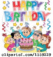 Clipart Of A Happy Birthday Greeting Over A Group Of Children Celebrating At A Party Royalty Free Vector Illustration