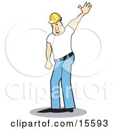 Male Construction Worker Wearing A Hardhat And Waving Clipart Illustration