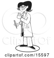 Female Doctor Or Pharmacist Holding A Bottle Of Pills And A Pencil While Prescribing Medication To A Patient In A Hospital Clipart Illustration