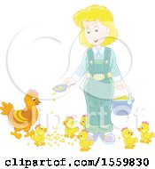 Poster, Art Print Of Blond Caucasian Female Farmer Feeding Chickens