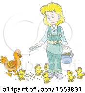 Blond White Female Farmer Feeding Chickens