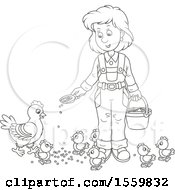 Poster, Art Print Of Lineart Female Farmer Feeding Chickens