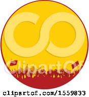 Clipart Of A Silhouetted Crowd At A Music Festival In A Red And Yellow Circle Royalty Free Vector Illustration