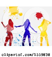 Poster, Art Print Of Group Of Silhouetted Women Dancing With Paint Splatters On A Shaded White Background