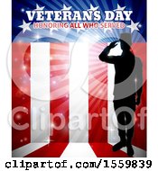 Poster, Art Print Of Silhouetted Full Length Male Military Veteran Saluting Over An American Flag And Text