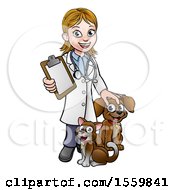 Poster, Art Print Of White Female Veterinarian Holding A Clipboard And Standing With A Cat And Dog