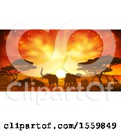 Poster, Art Print Of Safari Scene Of Silhouetted African Animals Giraffes Rhinos Elephants And Lions Under Acacia Trees At Sunset