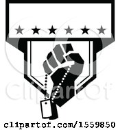 Retro Clenched Fist Holding Military Dog Tags In A Black And White Crest