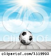 Poster, Art Print Of 3d Soccer Ball On A Wood Surface Against A Sunny Sky