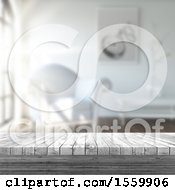 Poster, Art Print Of 3d Render Of A Wooden Table Looking Out To A Defocussed Lounge With Sun Shining Through The Window