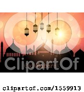 Clipart Of An Eid Mubarak Background With A Mosque And Lanterns Royalty Free Vector Illustration