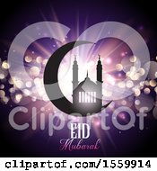 Clipart Of An Eid Mubarak Background With A Crescent Moon And Mosque Royalty Free Vector Illustration
