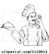 Clipart Of A Black And White Male Chef Gesturing Perfect And Holding A Cloche Royalty Free Vector Illustration by dero