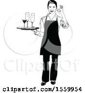 Poster, Art Print Of Grayscale Waitress Holding A Tray With Wine And Champagne