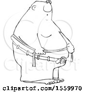 Clipart Of A Cartoon Lineart Black Man Measuring His Belly Fat Royalty Free Vector Illustration