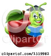 Clipart Of A Cartoon Happy Green Graduate Book Worm Reading In A Red Apple Royalty Free Vector Illustration