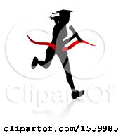 Clipart Of A Black Silhouetted Female Graduate Running A Race With A Shadow Breaking Through A Red Finish Line Ribbon Royalty Free Vector Illustration by AtStockIllustration